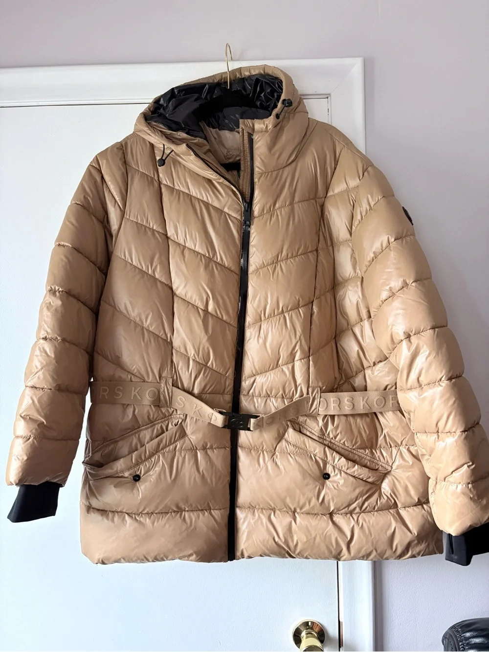 Michael Kors Beige Quilted Belted Puffer Jacket
